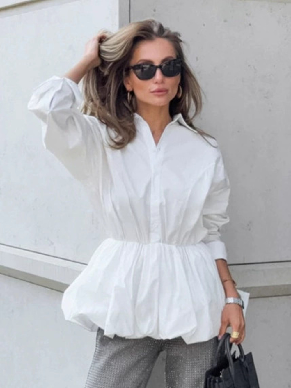 Forever 21 Patchwork Long Puff Sleeve Blouse Autumn White